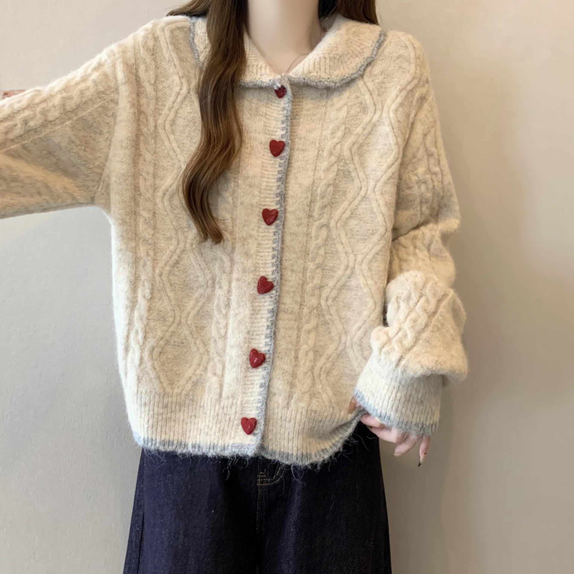 

Korean Style Heart Button Cable Knit Cardigan with Doll Collar for Women, Perfect for Autumn and Winter One Size [80-130] абрикосовый