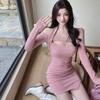 Fashion Sexy Spice Girl Neck Long-sleeved Dress Women's Spring New Slim and Thin Stacked Hip-wrapped Short Skirt
