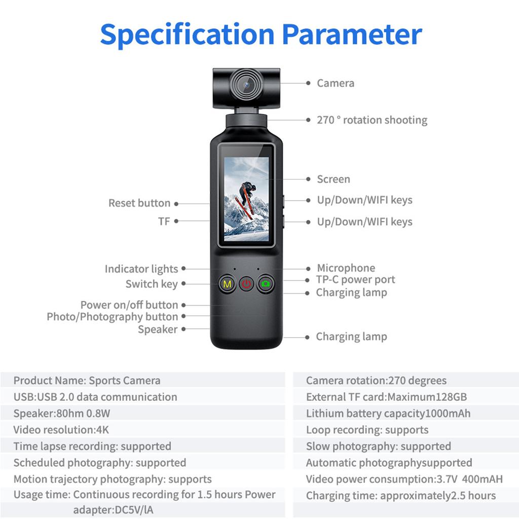 4K Action Camera WiFi Vlogging Camera Handheld 270 Rotation Camera Vlog Camera for Outdoor Sport Travel