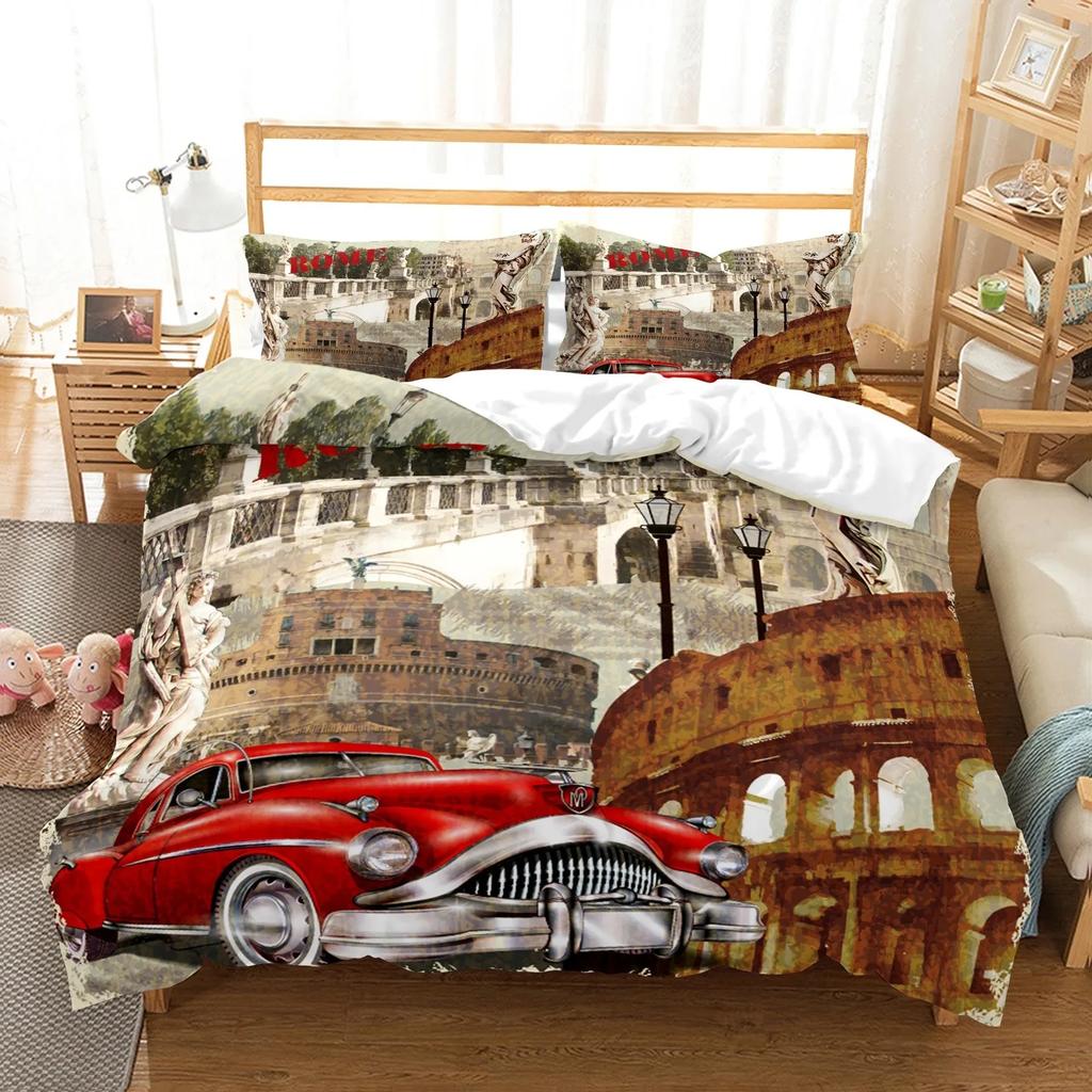 New York Statue of Liberty Duvet Cover King Queen Size Retro Car Nostalgic 50s Bedding,Vintage Car Polyester Quilt Cover for Men