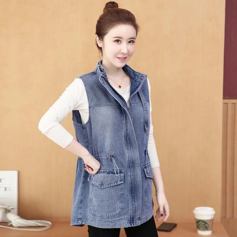 Veste Gilet en Denim Décontracté Coupe Ample pour Femmes Couleur Unie Tempérament, Vêtement d'Extérieur Mi-Long Style Rétro