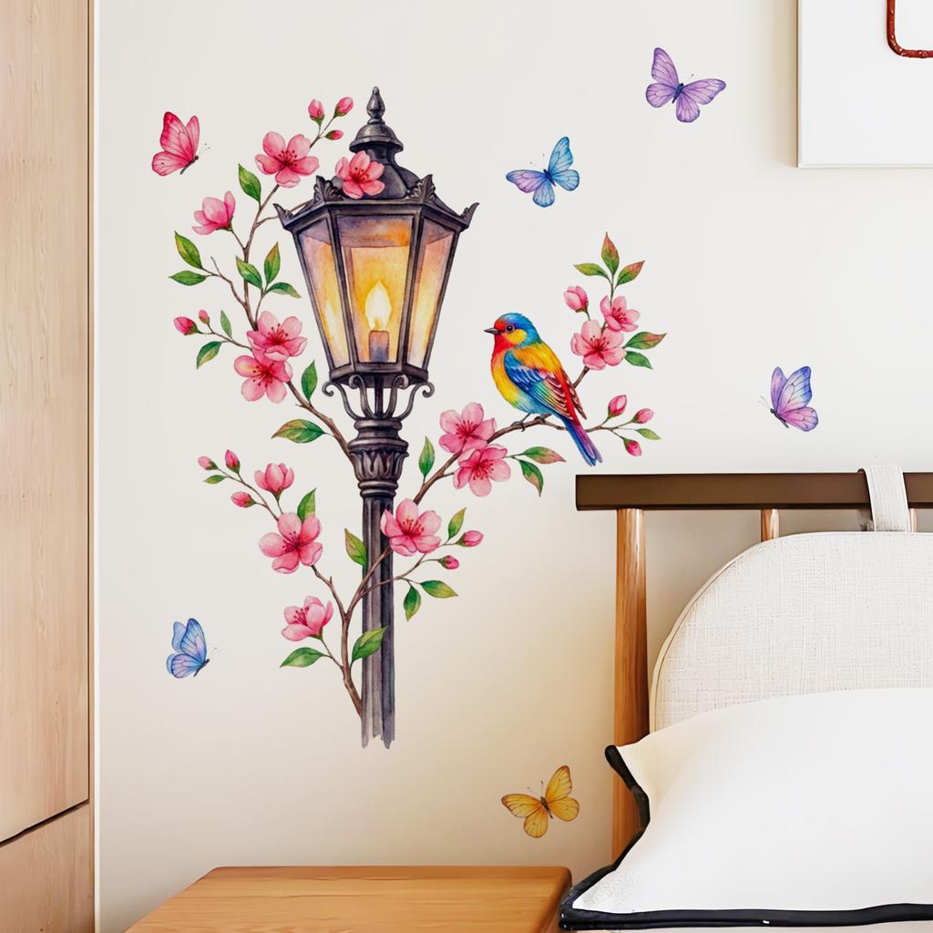 Retro Street Lamp Painted With Flowers, Branches, Birds And Butterflies, Living Room, Entryway, Home Decoration Wall Stickers