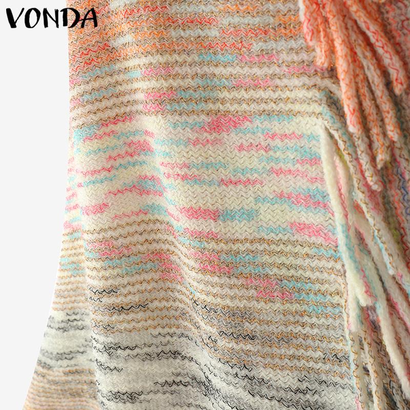 ZANZEA Women Batwing Long Sleeve Striped Open Front Tassel Hem Casual Knitted Sweaters Cardigans