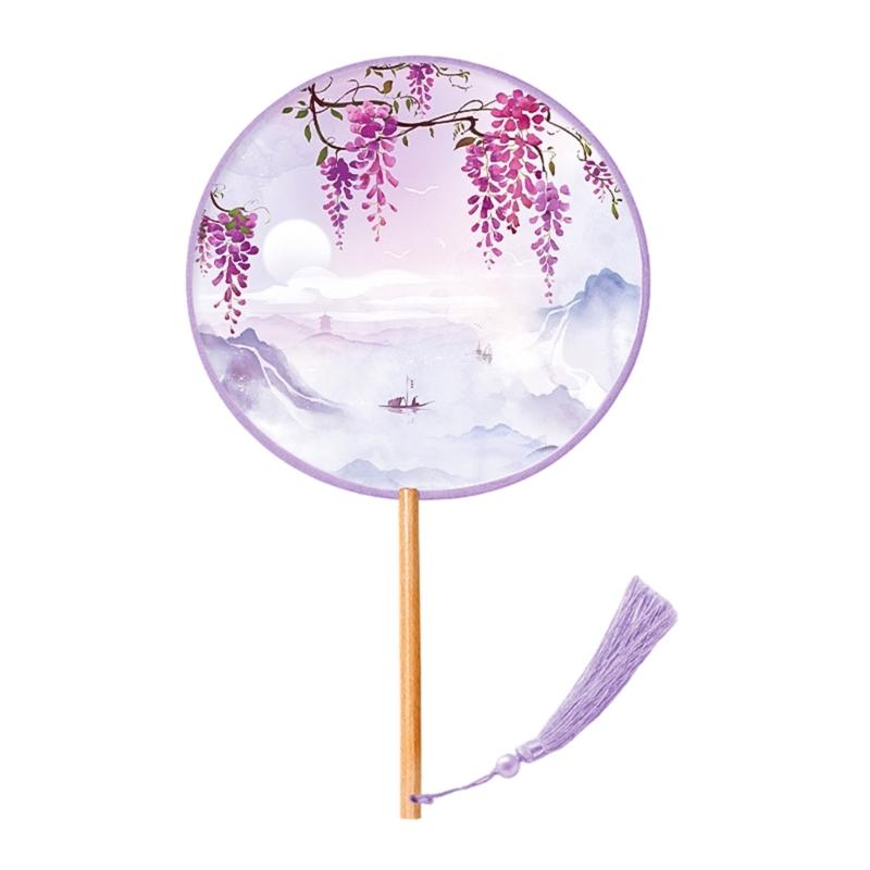 Chinese Fan with Pendant Handhelds Inks Painting Fan Tassels Round Silk Fan
