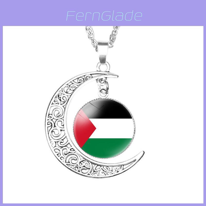 Palestinian Flag Design Time Gem Moon Pendant Necklace Unique Neck Chain