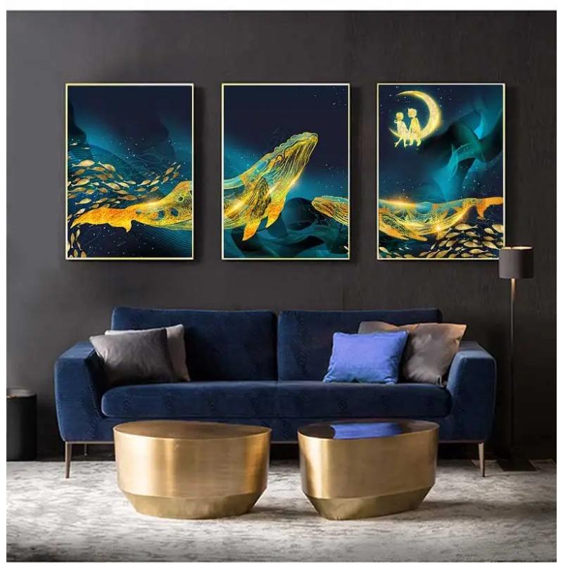 Afiș de pictură artistică cu balenă de aur și mare și poză de imprimare pe perete, terasa, decorare, pânză scandinavă, imprimare artistică cu ridicata