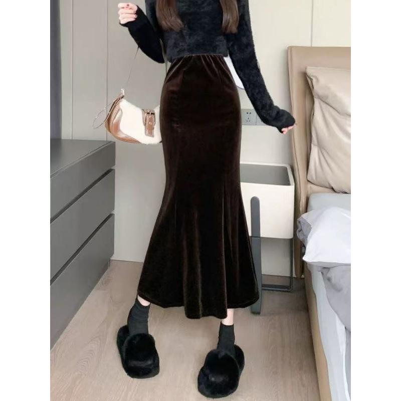Black gold velvet skirt women's sky velvet thickened high waist and thin medium and long a-word hip-wrapped fishtail skirt