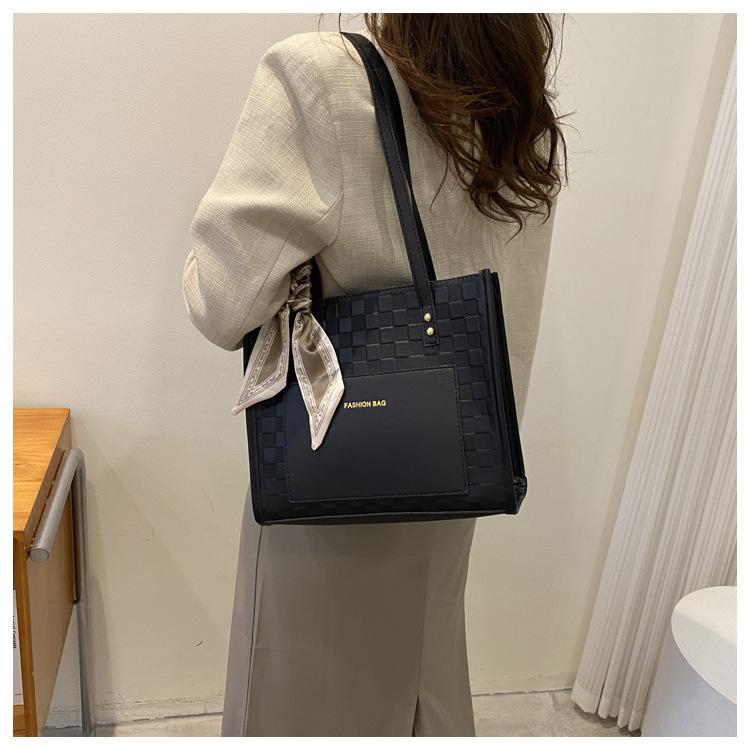 Elegant Silk Scarf Decorated Tote Bag Women Fashion Commuter Shoulder Handbag Soft Faux Leather Work Bag