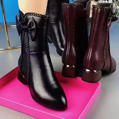Women's Boots Autumn and Winter Pointed Mid Boots Side Zipper Thick Heel Women's Bow Martin Boots