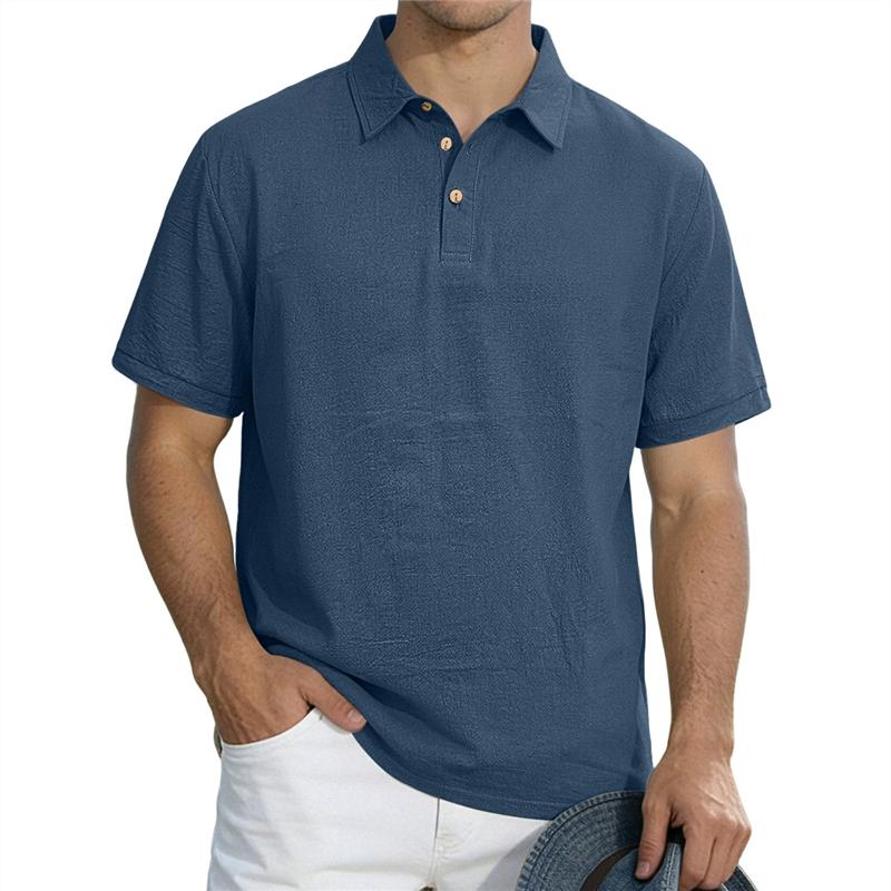 Men's Casual Linen Blend Polo Shirt Short Sleeve Turn Down Collar Button Up Summer Tops