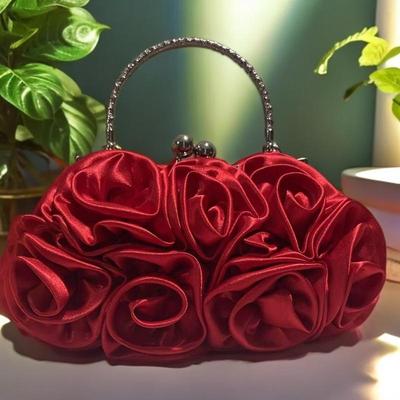 Satin Silk Evening Clutch with 14 Rose Flowers
