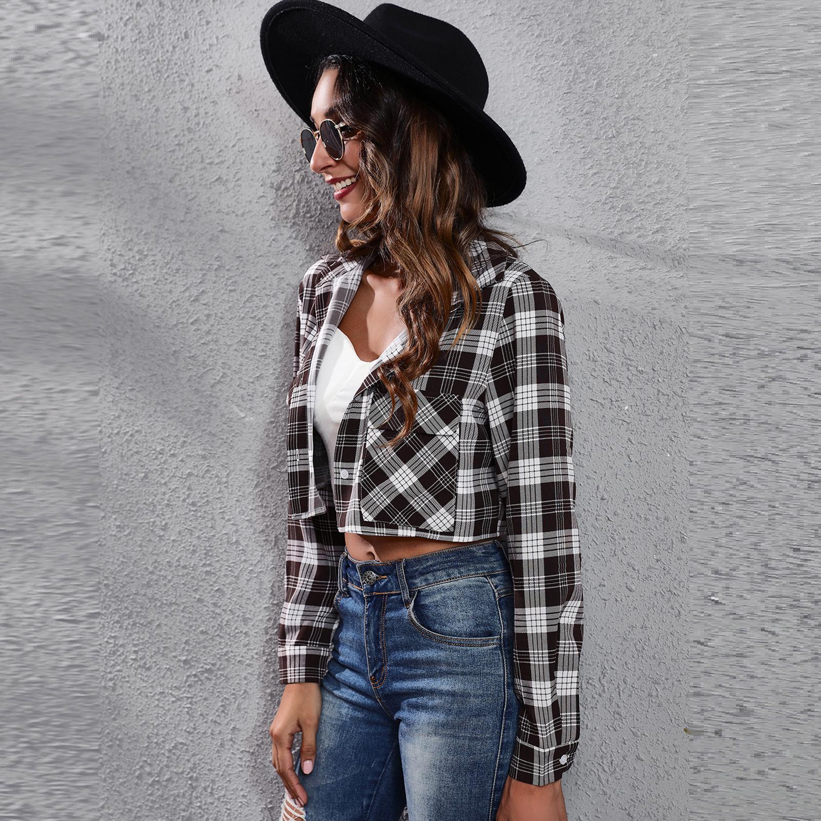 

GMXIA Женские модные повседневные клетчатые блузки и рубашки-поло с длинными рукавами и воротником-стойкой M чёрный