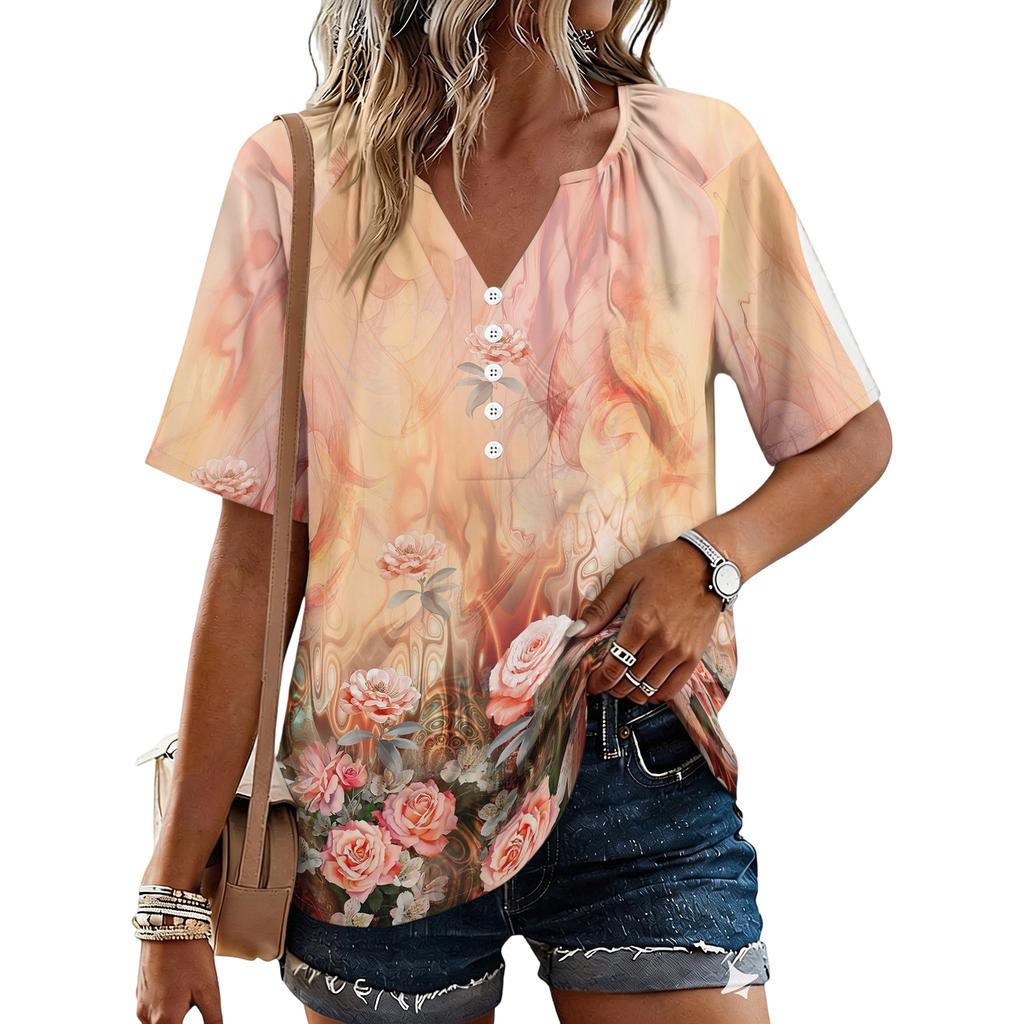 Women's Fashionable Casual Floral Print Button V-neck Short-sleeved Top