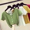 Women's Casual Square Collar Solid Short Sleeve Buttons Knitted Hollow Out T-Shirt
