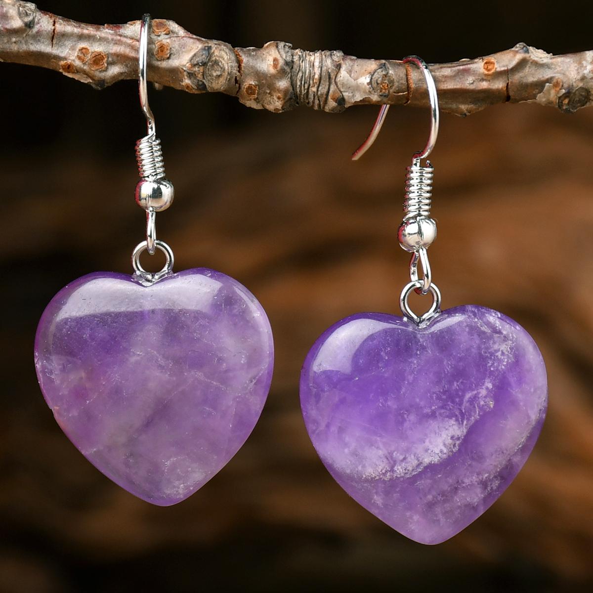 

Богемные серьги-подвески с натуральными камнями: бирюзой, аметистом, тигровым глазом в форме сердца. Популярные, изящные, ручной работы, с цирконом. аметист