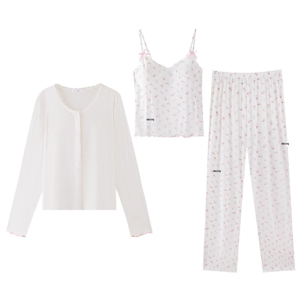 Women's Antibacterial Modal Three-Piece Set: Camisole, Long Sleeve Top, Long Pants - Spring/Autumn Homewear or Outerwear