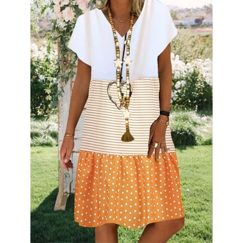 Summer-Essential V-Neck Dress Striped & Polka Dot, Knee-High Casual Tunic for Women