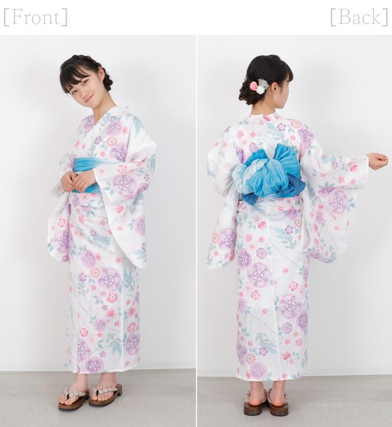 Kimono Hiroba Прекрасный набор юката с разными размерами и ретро- и современным белым с пастельным ю, детский, для девочек, 4 предмета, тканый, 130, 140, 150 см,