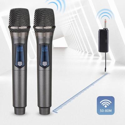 UHF belaidis mikrofonas, dvigubas rankinis dinaminis mikrofonas karaoke mikrofonas su imtuvu, skirtas vestuvių vakarėlio kalbų bažnyčios pasirodymų klubui
