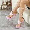 Eilyken Mode Design Knöchel Schnürung Zehensteg Damen Sandalen Sexy Super Stiletto Hohe Absätze Bankett Party Sommerschuhe