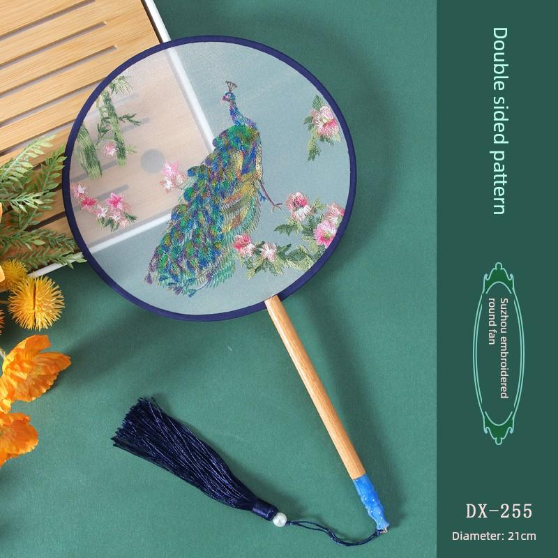 Antique Embroidery Circular Fan Chinese Style Cheongsam Fan Women's Double-Sided Embroidered Transparent round Long Handle Ancient Chinese Clothing