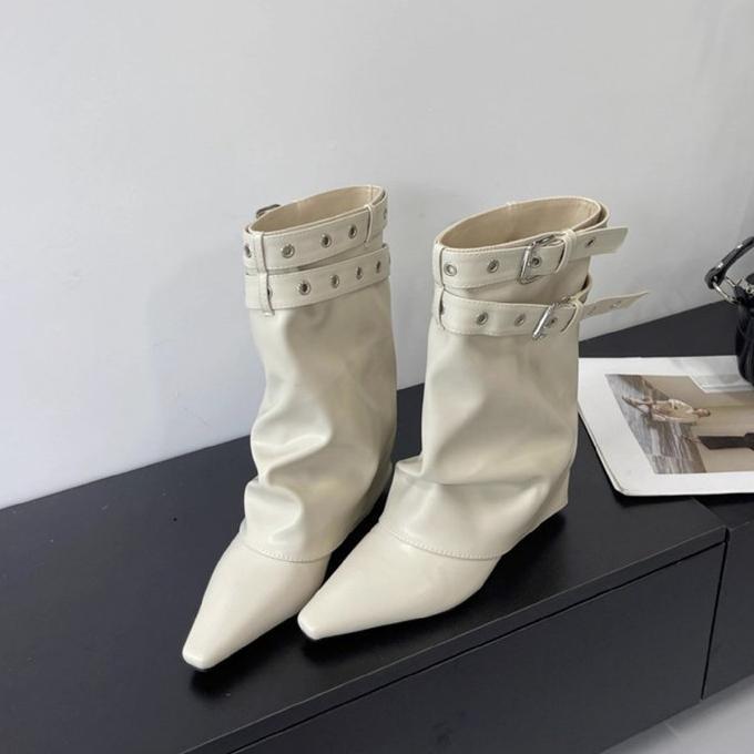 

Дизайн Sense Белые кожаные ботильоны с пряжкой и острым носком для женщин - Осень 2025, Универсальные, стройнящие, увеличивающие рост ботинки для ног 35 (Runs small, order one size up)