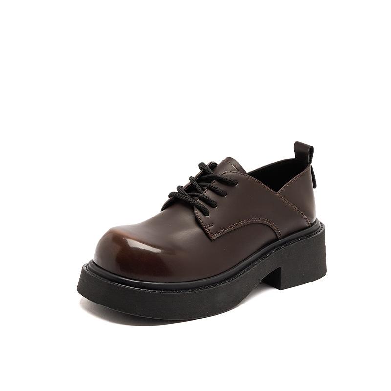 Augustine loafers women's 2025 new summer retro British style brown platform big head black small leather shoes