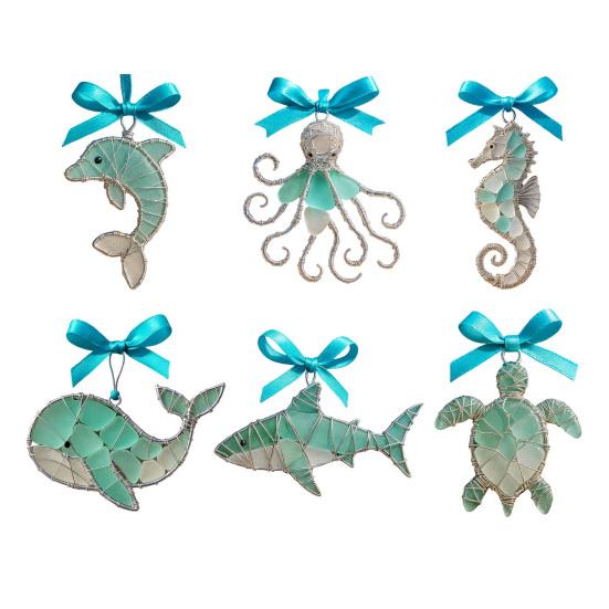 Handgemaakte Zee Glas Oceaan Ornamenten 2D Acryl Kust Hangende Ornamenten Zee Schildpad Octopus Zeepaardje Vis Cadeaus voor Boom Huis Decoratie Strand Liefhebbers