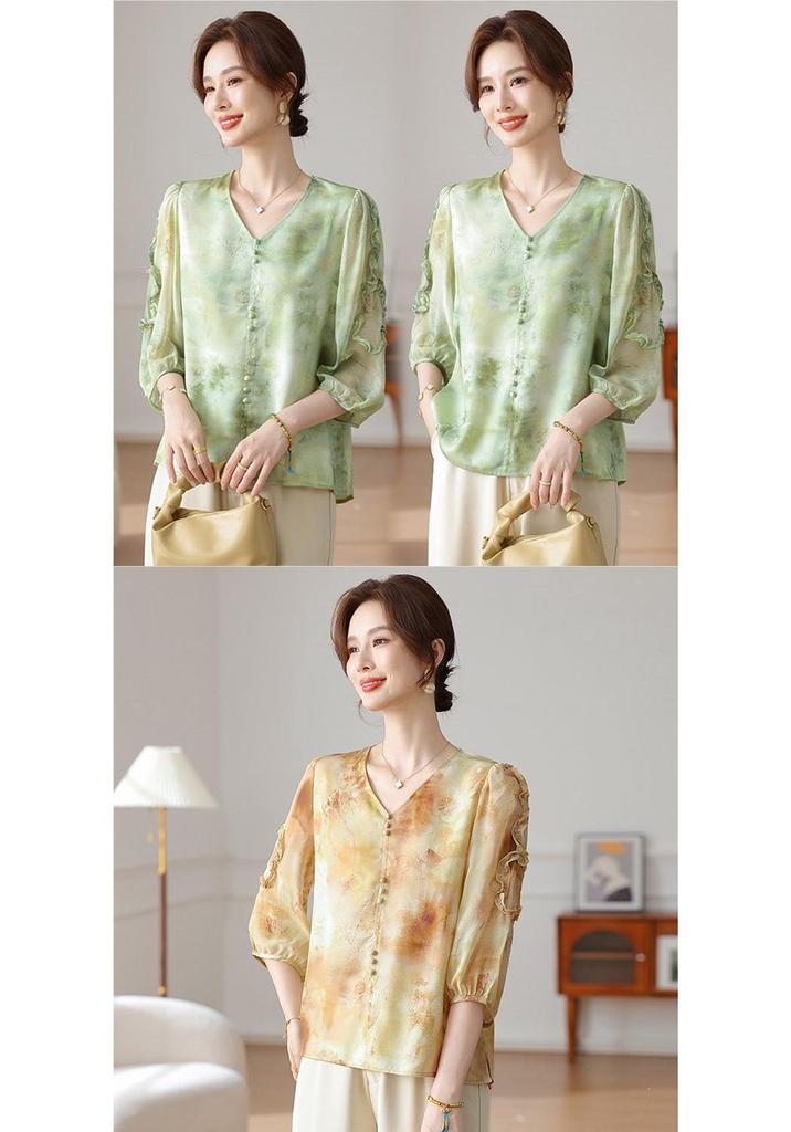2026 New Chinese Style Spring/Summer Seven-Sleeve Chiffon Top for Middle-Aged and Elderly Women