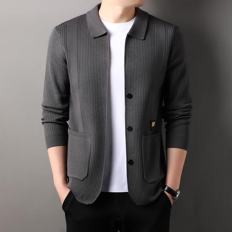 Men's Autumn Winter European High-end Suit Collar Solid Color Knitted Cardigan Button Business Casual Sweater Coat