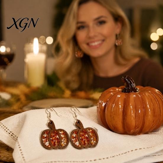 Gift for Her 1 Pair Fall Thanksgiving Pumpkin Earrings Women, Wooden Hypoallergenic Sensitive Ears Shaped Dangle Drop Earrings, Autumn Halloween