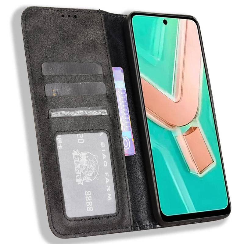 

For vivo Y28 4G Case PU Leather Retro Magnetic Closing Drop-proof Phone Cover Black