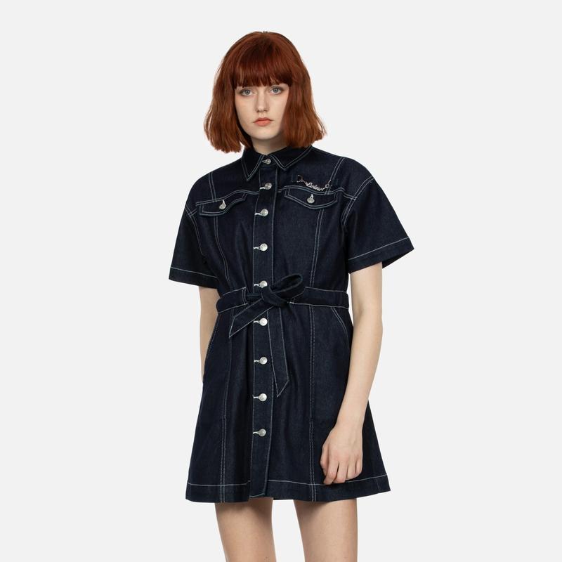 Evisu Small Seagull Embroidered Wide Denim Shirt Dress Women dress Denim-Blue 2ESHTW4DR4102LFDP