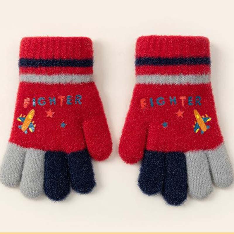 Children's knitted finger cute cartoon plane thickened warm primary school boy winter outdoor cold riding gloves