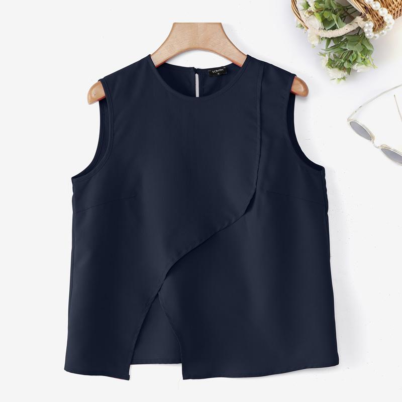 VONDA Women Round Neck Sleeveless Irregular Splits Casual Tank Tops