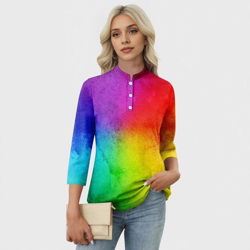 Haut T-shirt Décontracté pour Femme à Imprimé Floral, Col en V, Manches 3/4, Bouton Décoratif