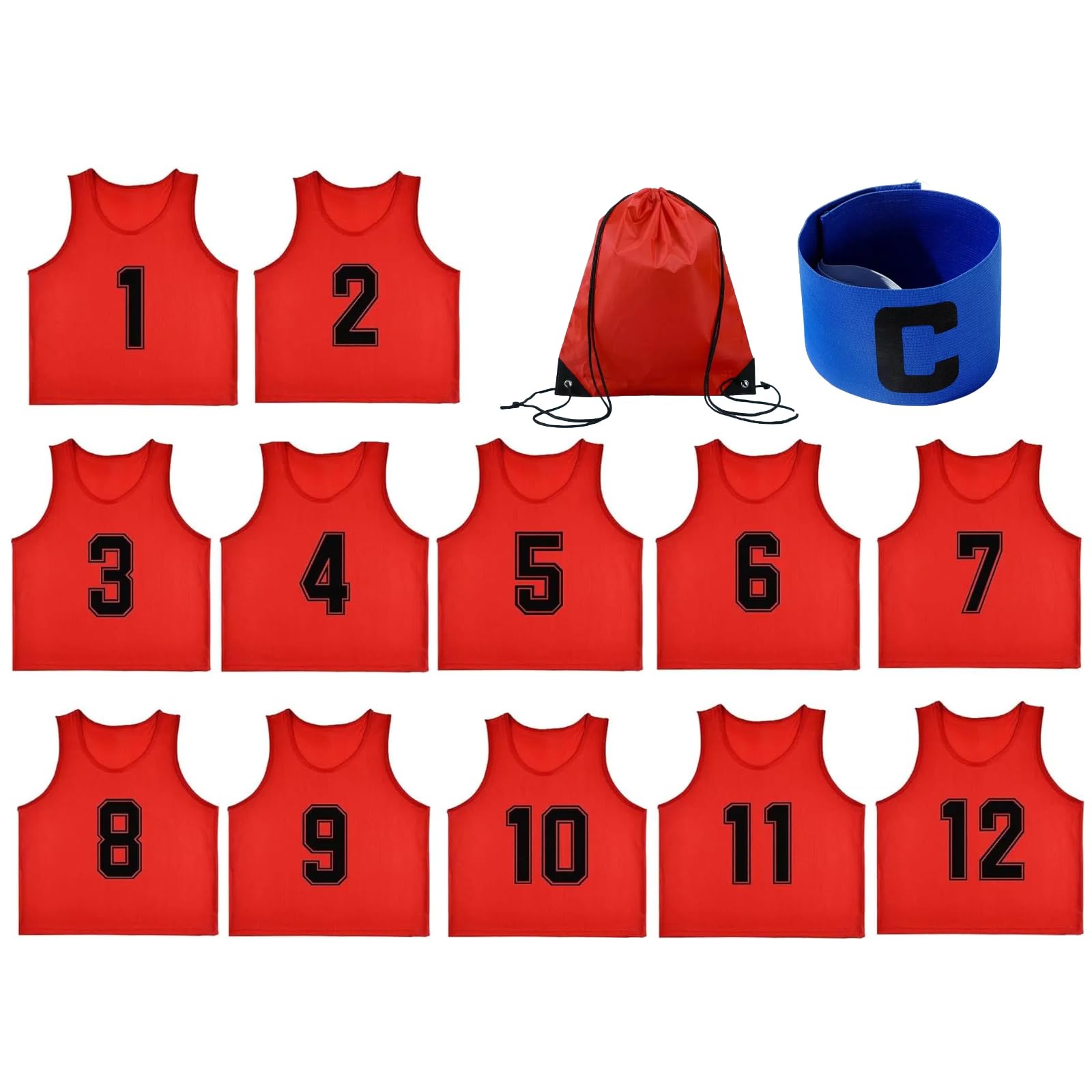 

[TOEPODO] Kids Bibs, 12 pieces, Numbers 1-12 on front and back, with drawstring storage bag and captain s armband. Suitable for elementary school stu