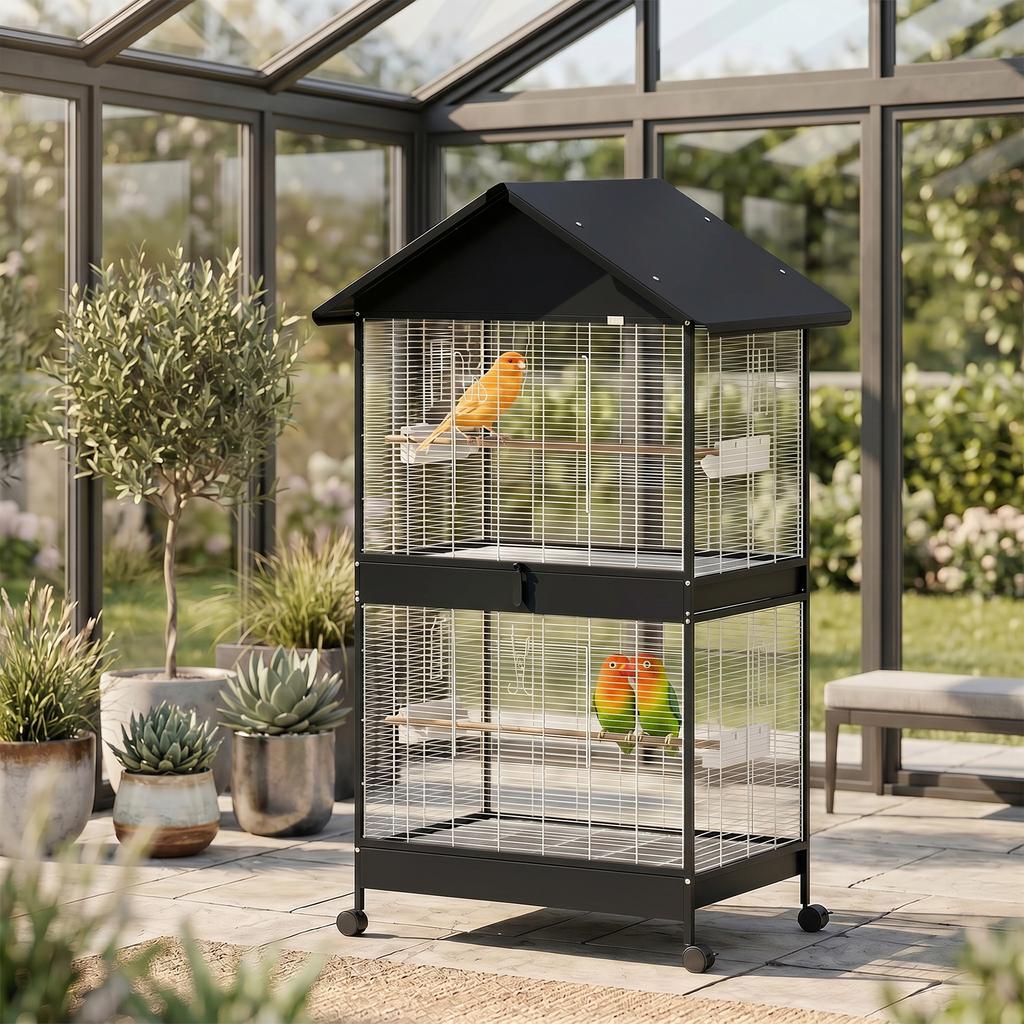 Large Bird Cage with Wheels, Removable Tray, Perches, Roof, Parrots, Canaries, Black