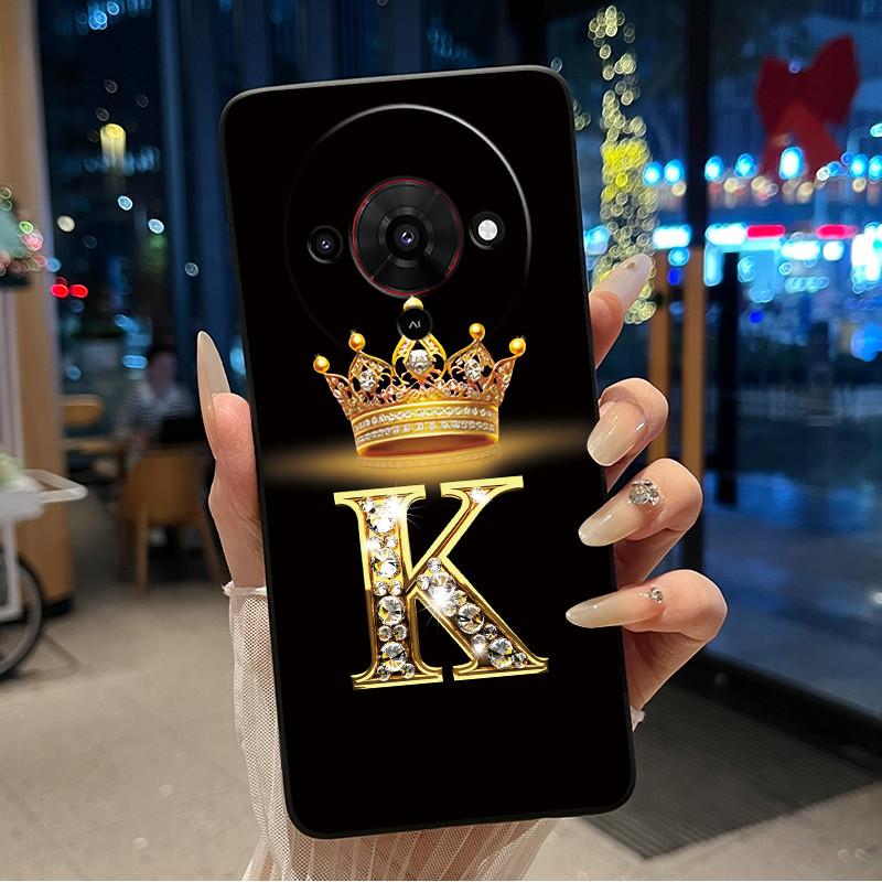 Elegant Simple Crown Initial Letter Case For ZTE Blade A76 5G Soft Silicone Black Case Shockproof Shell ZTE Blade A76 5G Casing