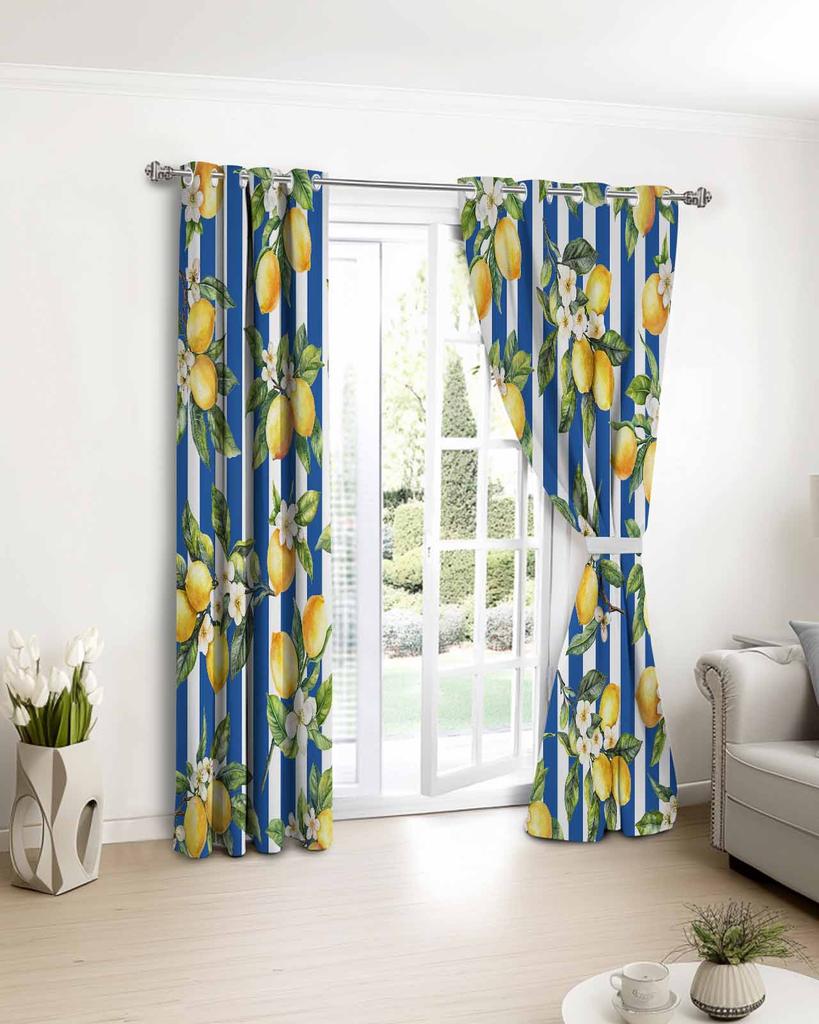 Classic Summer Blue Striped Lemon Plant Window Curtain Bedroom Decor Curtain Panel Curtains for Living Room