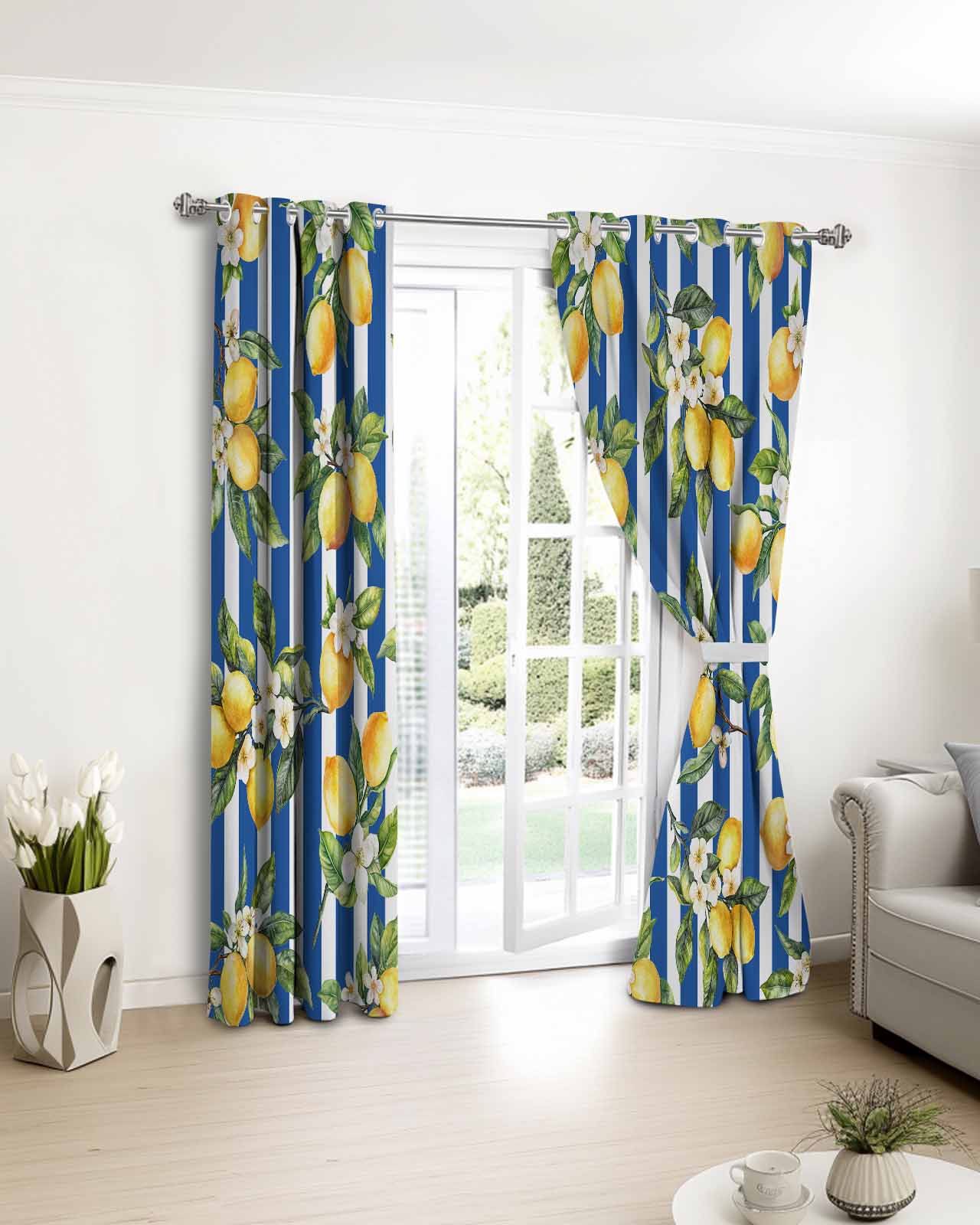

Классическая летняя синяя полосатая лимонная оконная занавеска для декора спальни, занавеска-панель, занавески для гостиной 135W x 60H(cm) x1