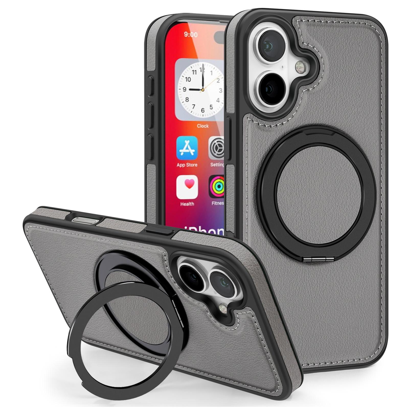 

For iPhone 16 Magnetic Case Rotate Ring Kickstand PU Leather+PC+TPU Back Cover