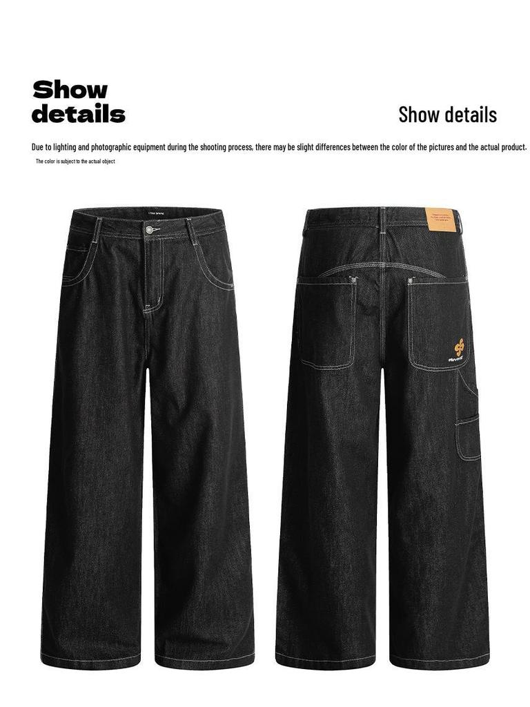 Yongfang Unisex Retro Black Wide-Leg Jeans: Casual, Loose, Washed Straight-Leg Pants.