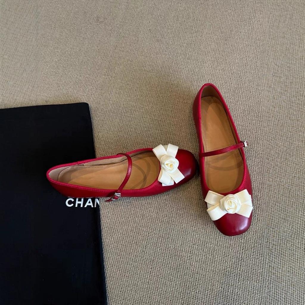 Sheepskin Version~ Xiaoxiangfeng Camellia Leather Mary Jane Single Shoes Women's Autumn Ballet Style Flat Shoes Ballet Shoes Ladyshoes