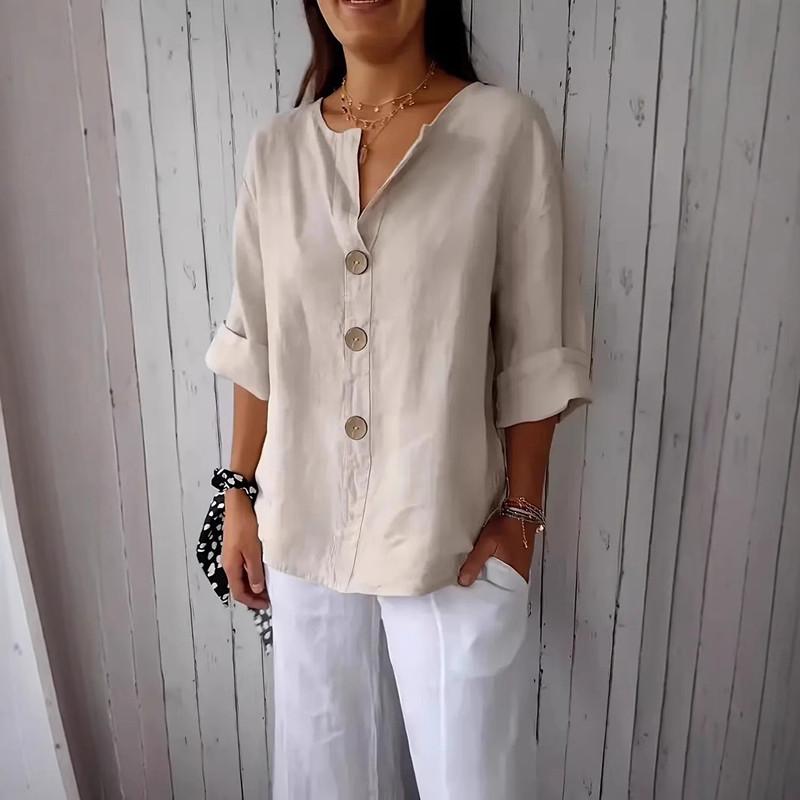 2026 Women's Loose V-Neck Cotton Linen Button Top - Comfortable Casual Summer T-shirt