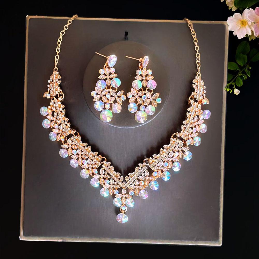 Exquisite Colored Rhinestone Necklace Earrings Set Party Dress Accessories Necklace