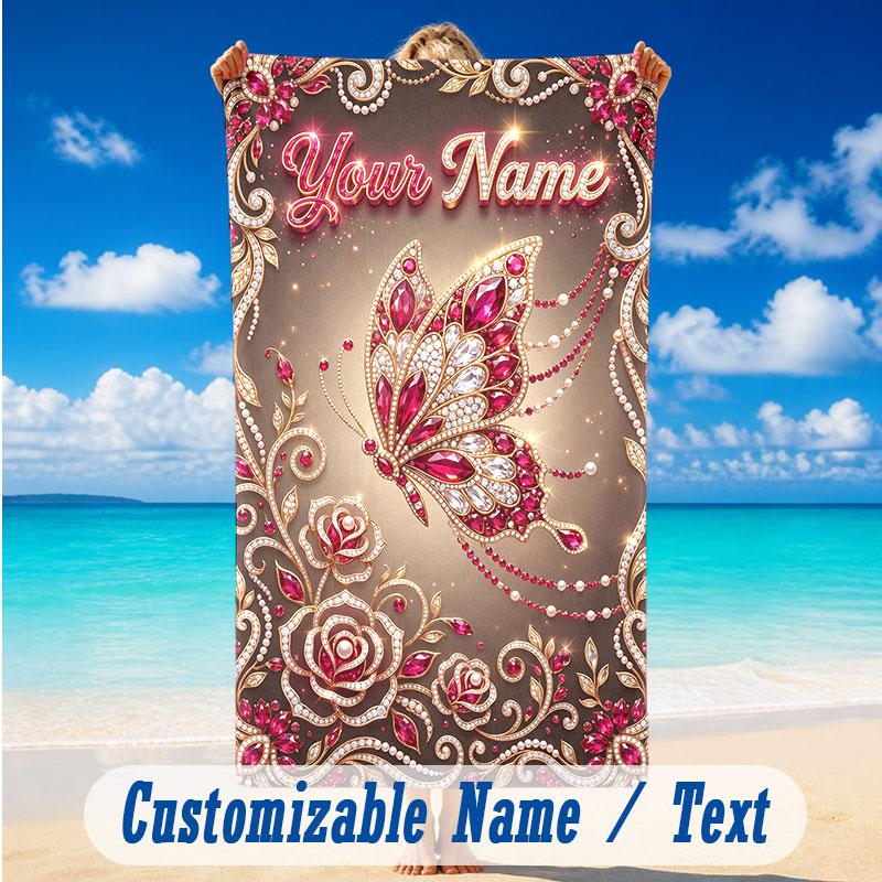 Butterfly Theme Beach Towel Personalized Custom Name & Text Soft Quick Dry Beach Towel for Swimming Travel