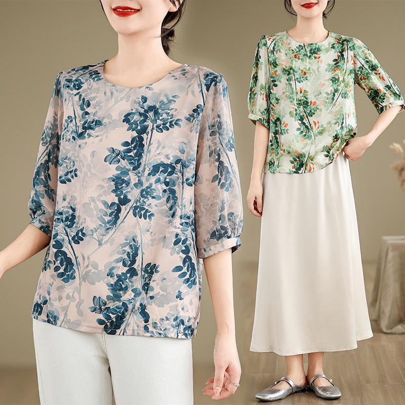 T-Shirt mit kurzen Ärmeln im Western-Stil in großer Größe für ältere Frauen mittleren Alters Frühling Sommer Chiffonhemd Oberteil Blusen & Hemden