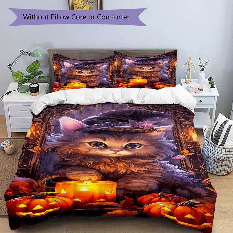 3pcs Witch Hat Kitty Art Duvet Cover Set -Includes 1 Duvet Cover and 2 Pillowcases, No Quilt Core, All-Season Home Decor  yy251111119