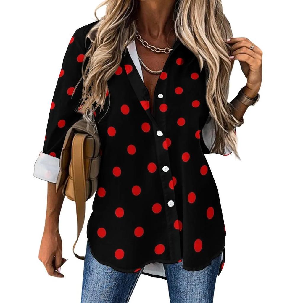 Damen gepunktetes Hemd Mode Neu Frühling und Herbst Lässig Elegant Langarm Revers Oberteil Street Style Personalisiertes Hemd